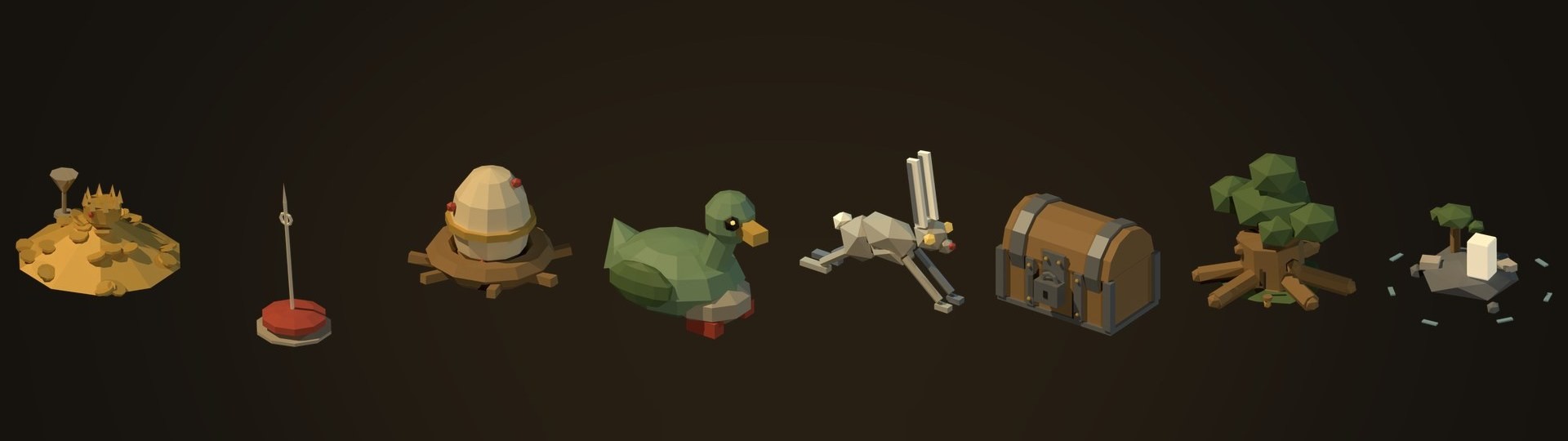 Eight low-poly 3D renders in a row on a dark background: a gold hoard, a needle, an egg in a nest, a duck, a hare, an iron chest, an oak and a small island