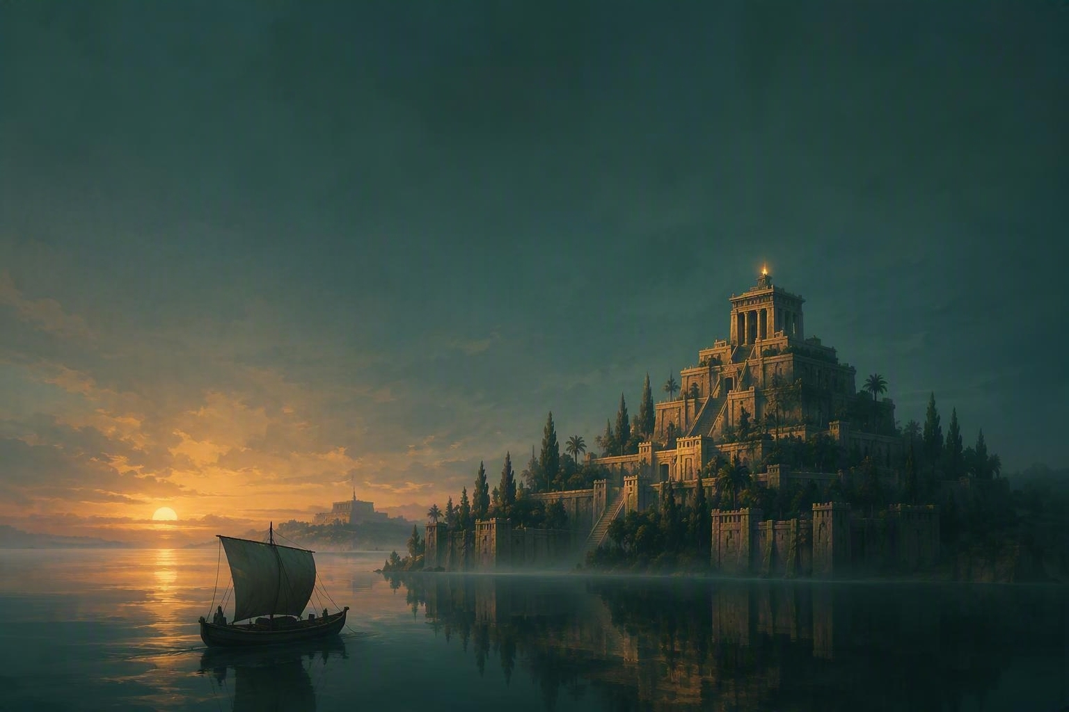 Dilmun project artwork — a walled island city with a stepped temple at dusk