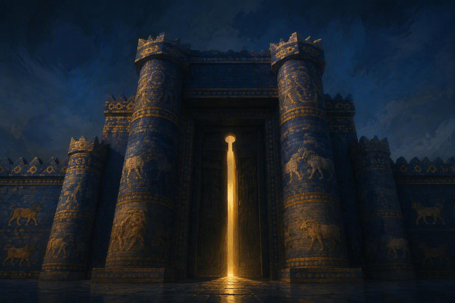 Eanna project artwork — a lapis-blue gate with golden lions, light through the open door