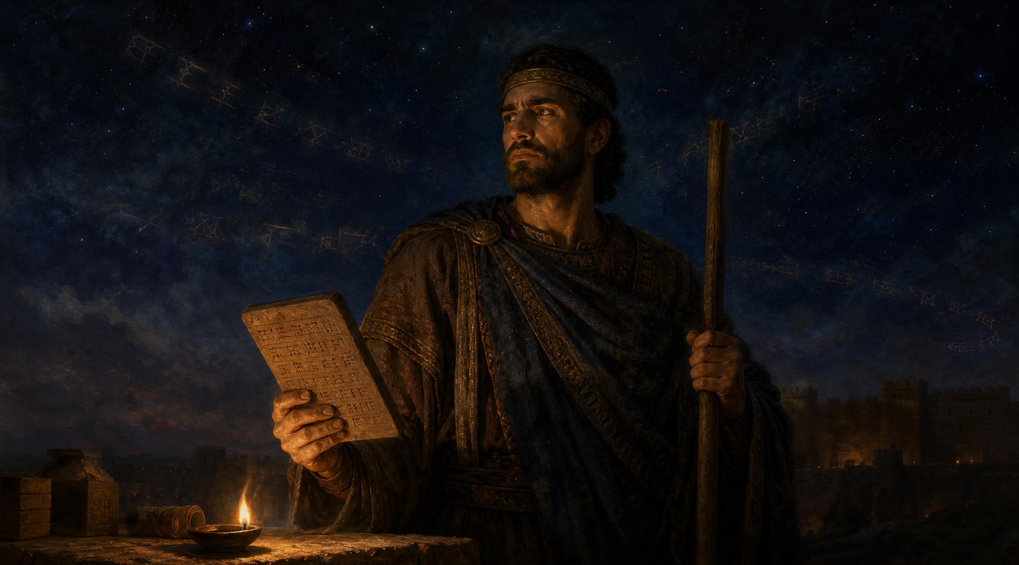 Gilgamesh project artwork — a king reads a clay tablet by lamplight under a starry sky