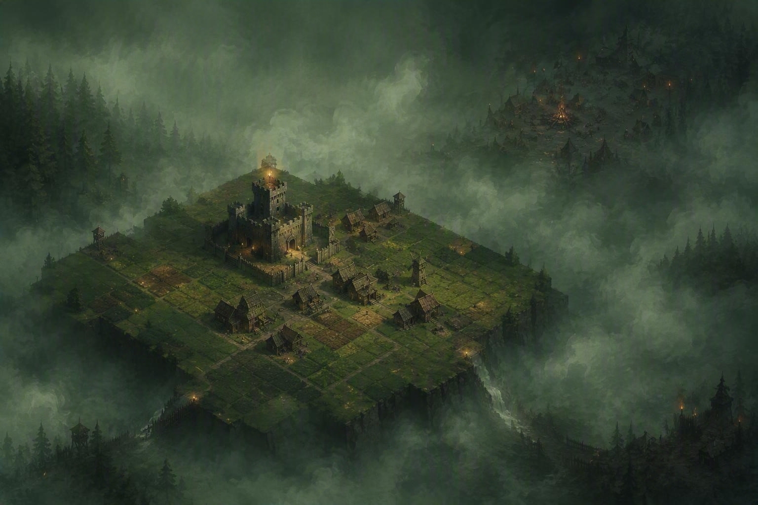 Mistmarch — a walled village on a square of revealed ground, mist and dark pines all around