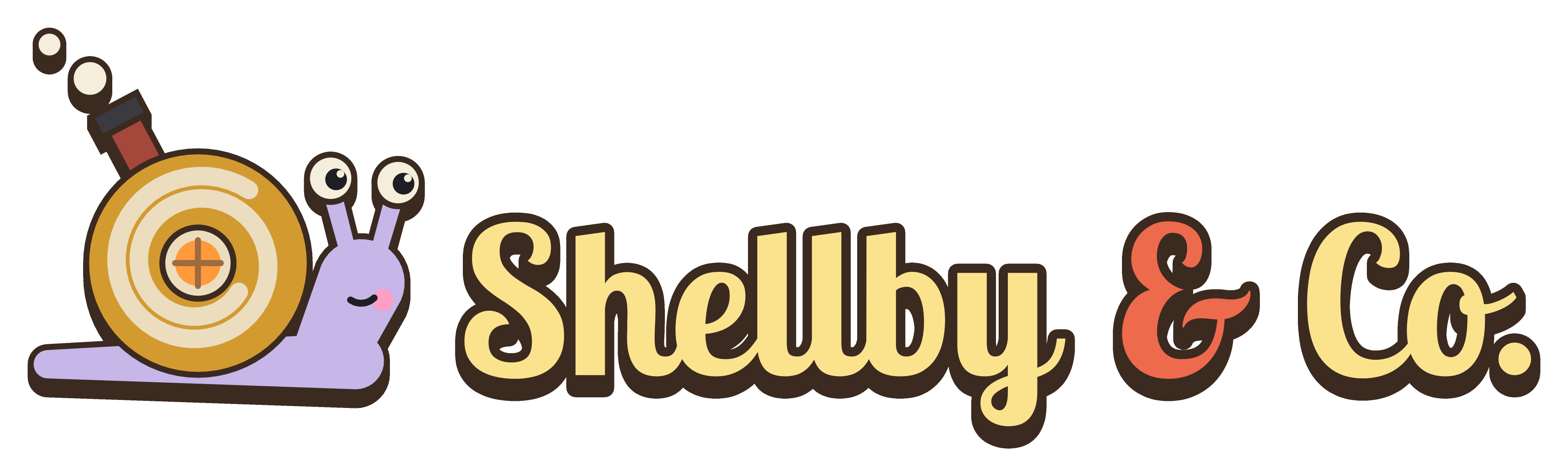 Shellby & Co. logo: a lilac cartoon snail with a golden shell and a little chimney, beside the name in yellow lettering with a red ampersand.