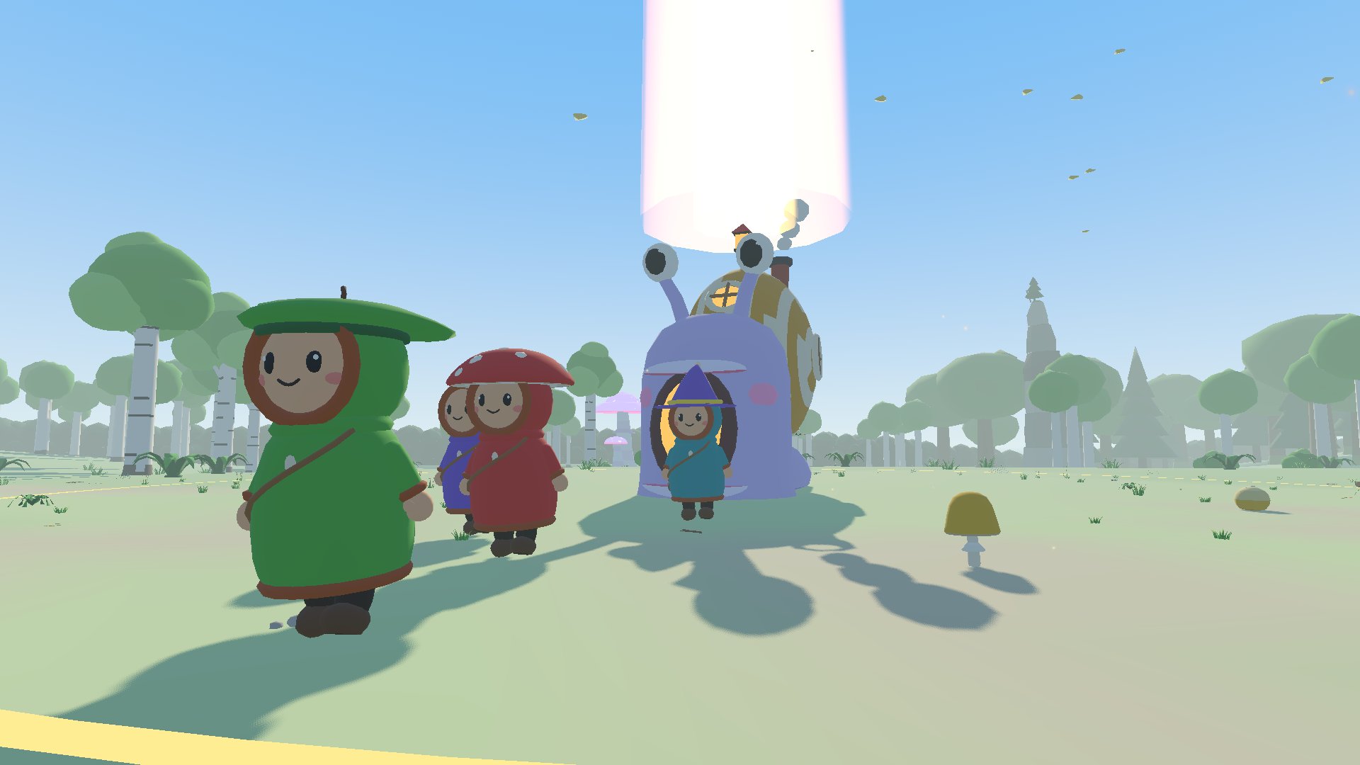 Four cartoon foragers in green, red, purple and teal cloaks walk out of a giant lilac snail's mouth into a sunny birch clearing, a beam of light rising above the snail.