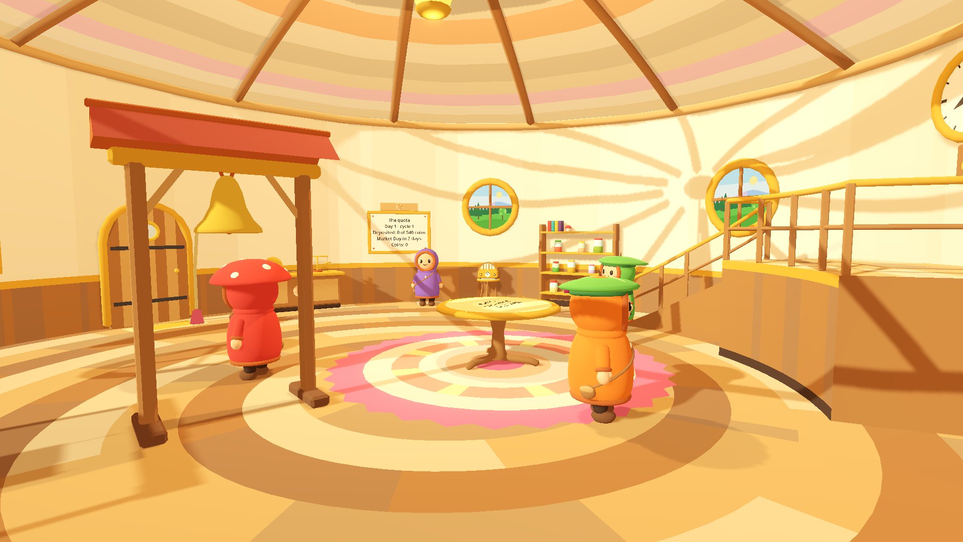 A warm, round wooden room inside the snail's shell: a brass bell under a little roof, a round map table on a pink rug, a quota board on the wall, a radio, shelves and round windows.
