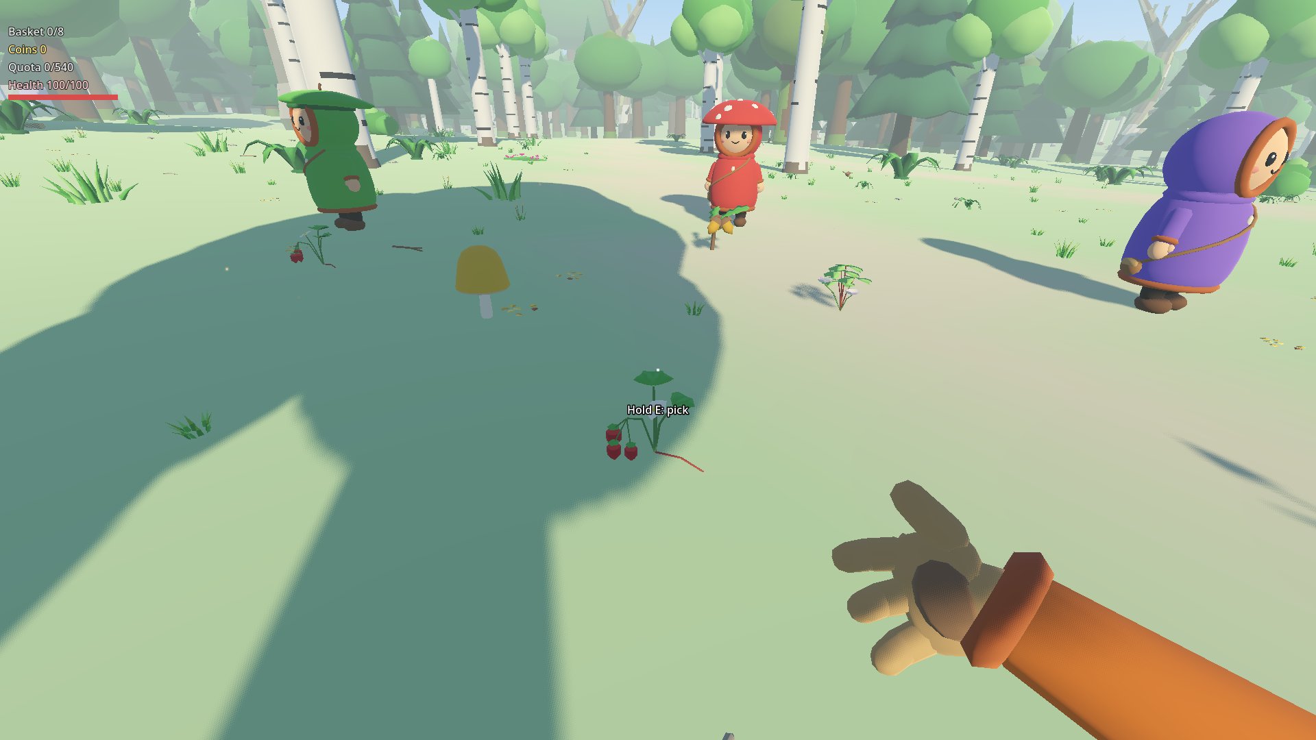 First-person view in a bright birch forest: a gloved hand reaches toward wild strawberries while three cloaked friends forage nearby; a small HUD shows basket, coins and quota.
