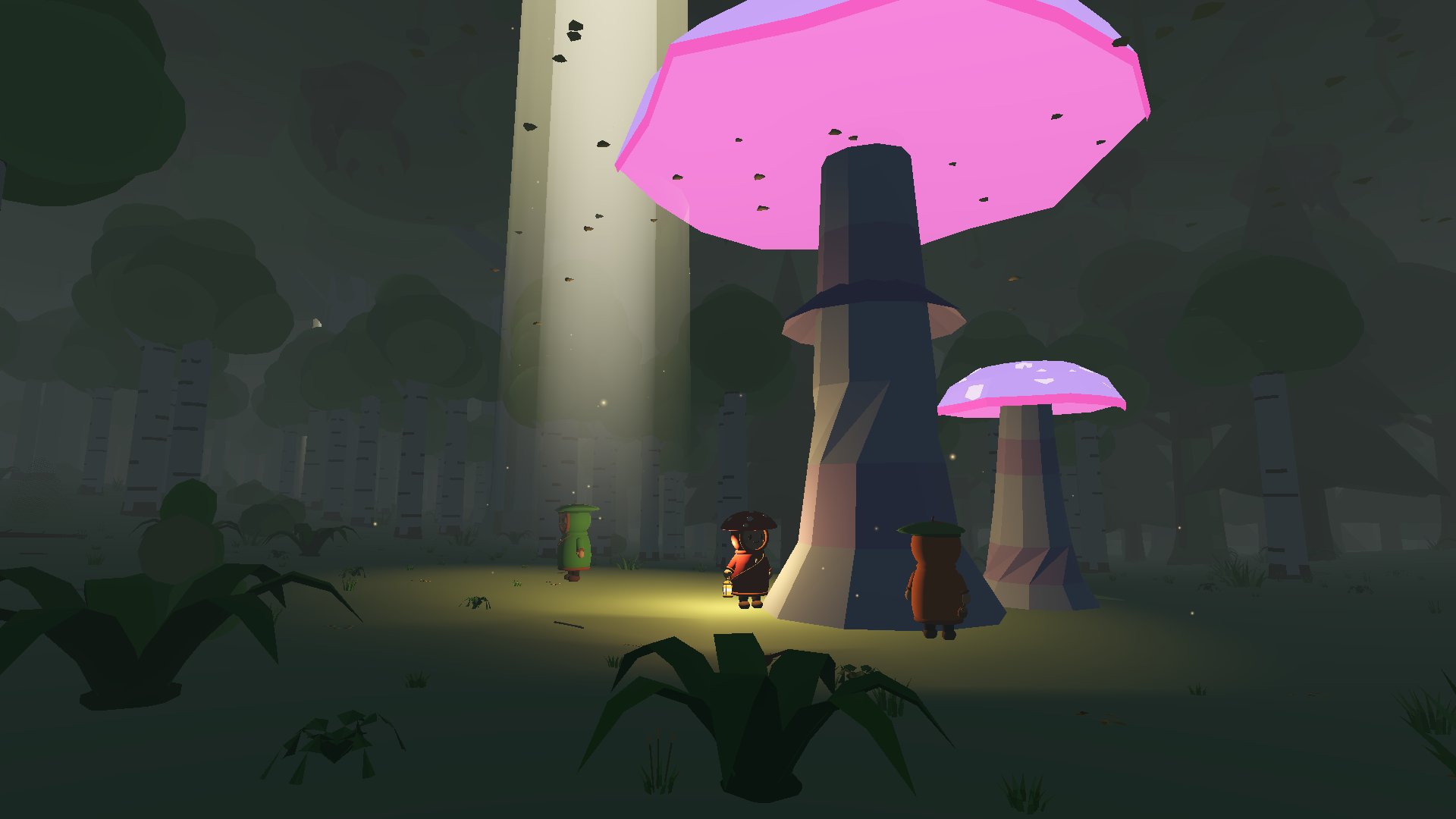 Three foragers, one with a lantern, in a dark forest beside giant pink-capped mushrooms, a shaft of light falling through the canopy.