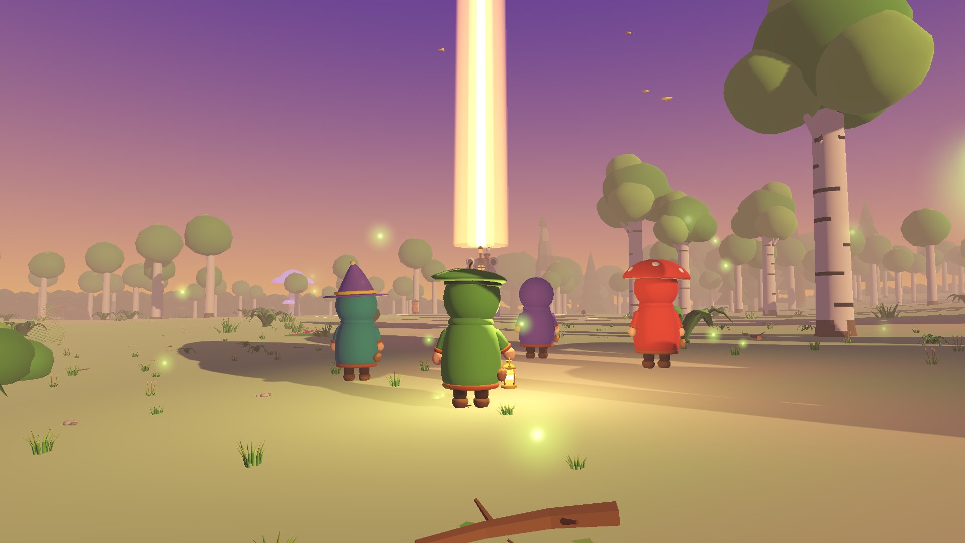 Seen from behind, five foragers walk across a meadow at dusk toward a tall golden beam of light, fireflies drifting around them under a purple sky.