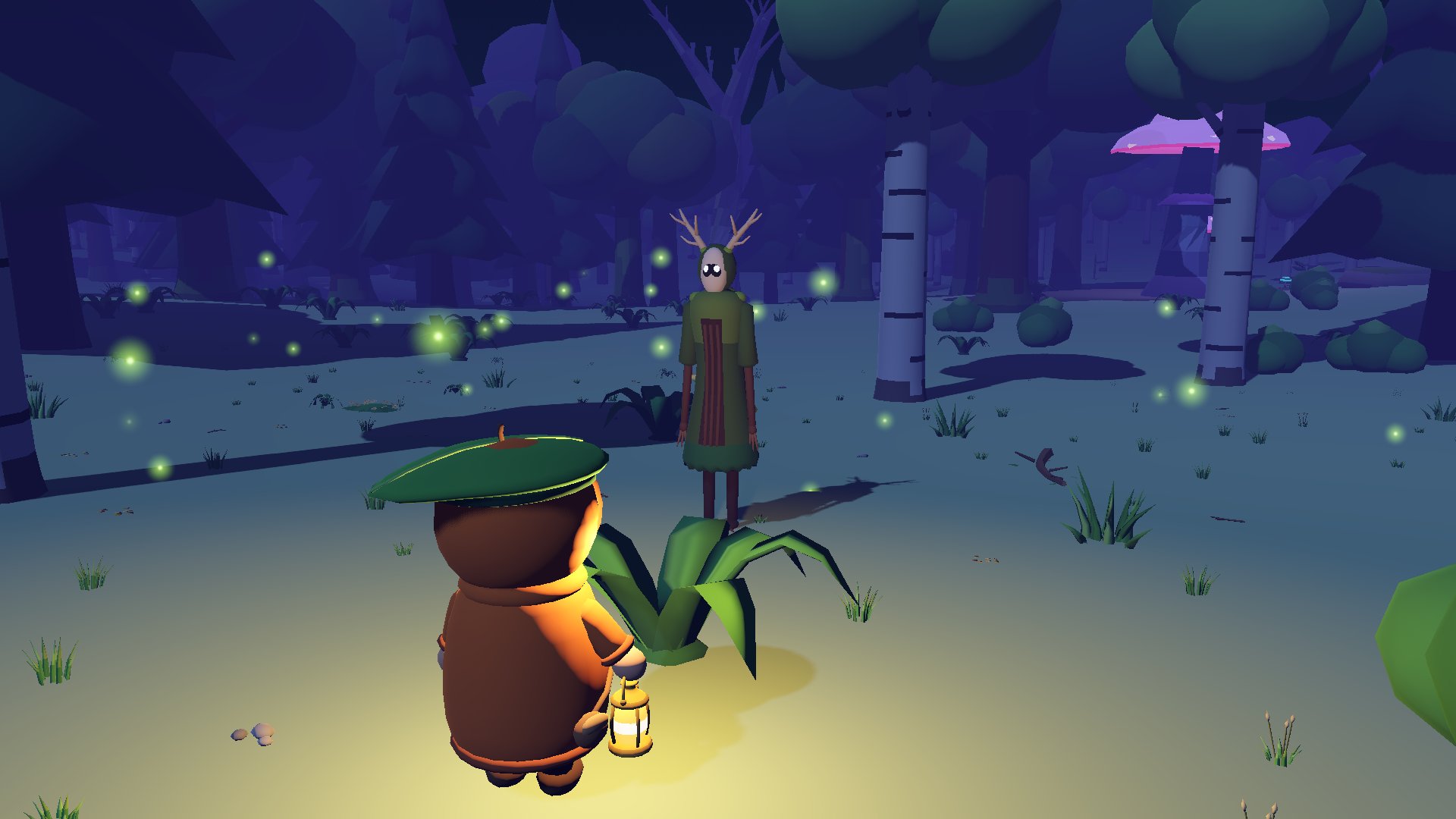 At night a tall shadowy figure stands between two birch trunks while a forager holds up a glowing lantern.