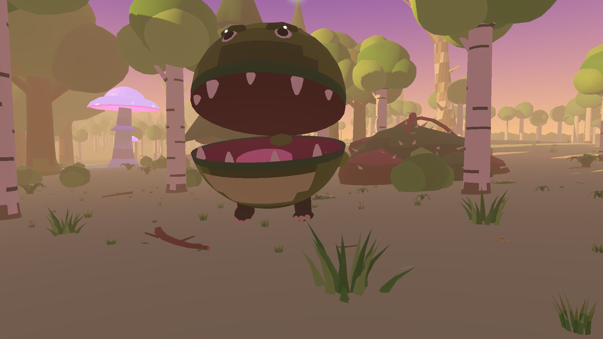 The Gobbler, a big round hungry creature, in the forest at dusk.