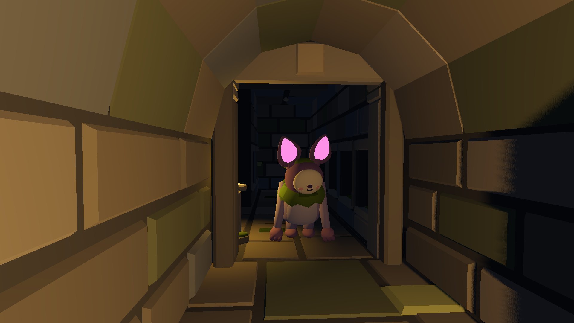 A stone catacomb corridor lit by a lantern; in a dark doorway, a small pale creature with huge glowing pink ears.