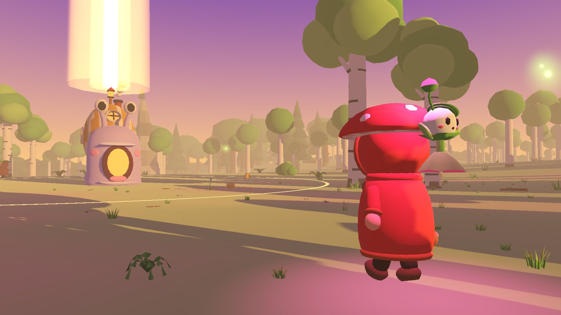 A forager carries a friend who has turned into a little potted sprout across the meadow toward the snail and its beam of light.
